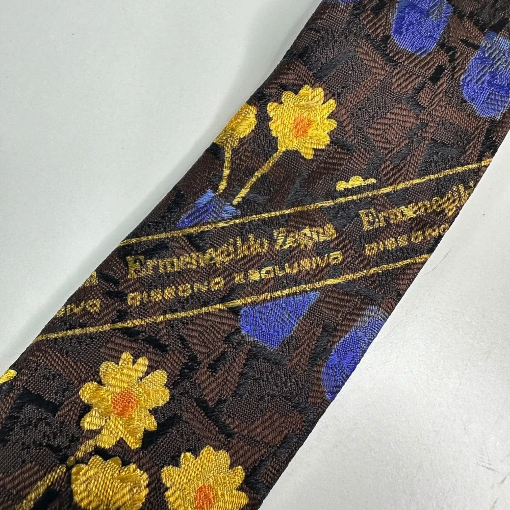 Ermenegildo Zegna Silk Tie Brown Yellow Floral Blue Vase Mens Luxury Fashion